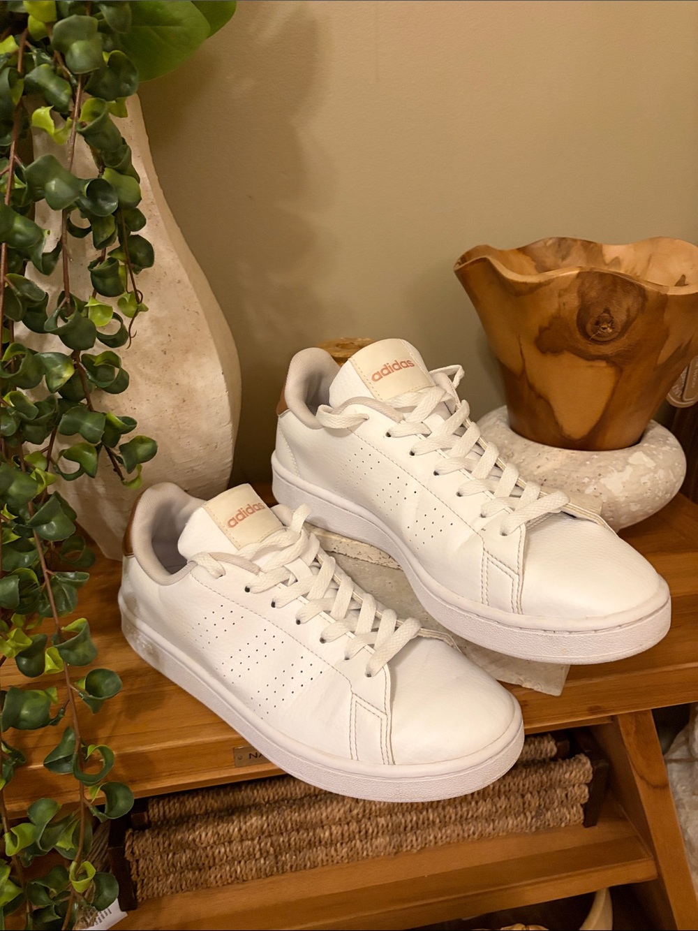 adidas White Leather Low-Top Sneakers with Gold Logo Accents